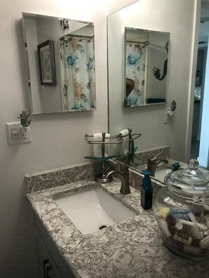 Combined shower/bathtub, hair dryer, towels, soap