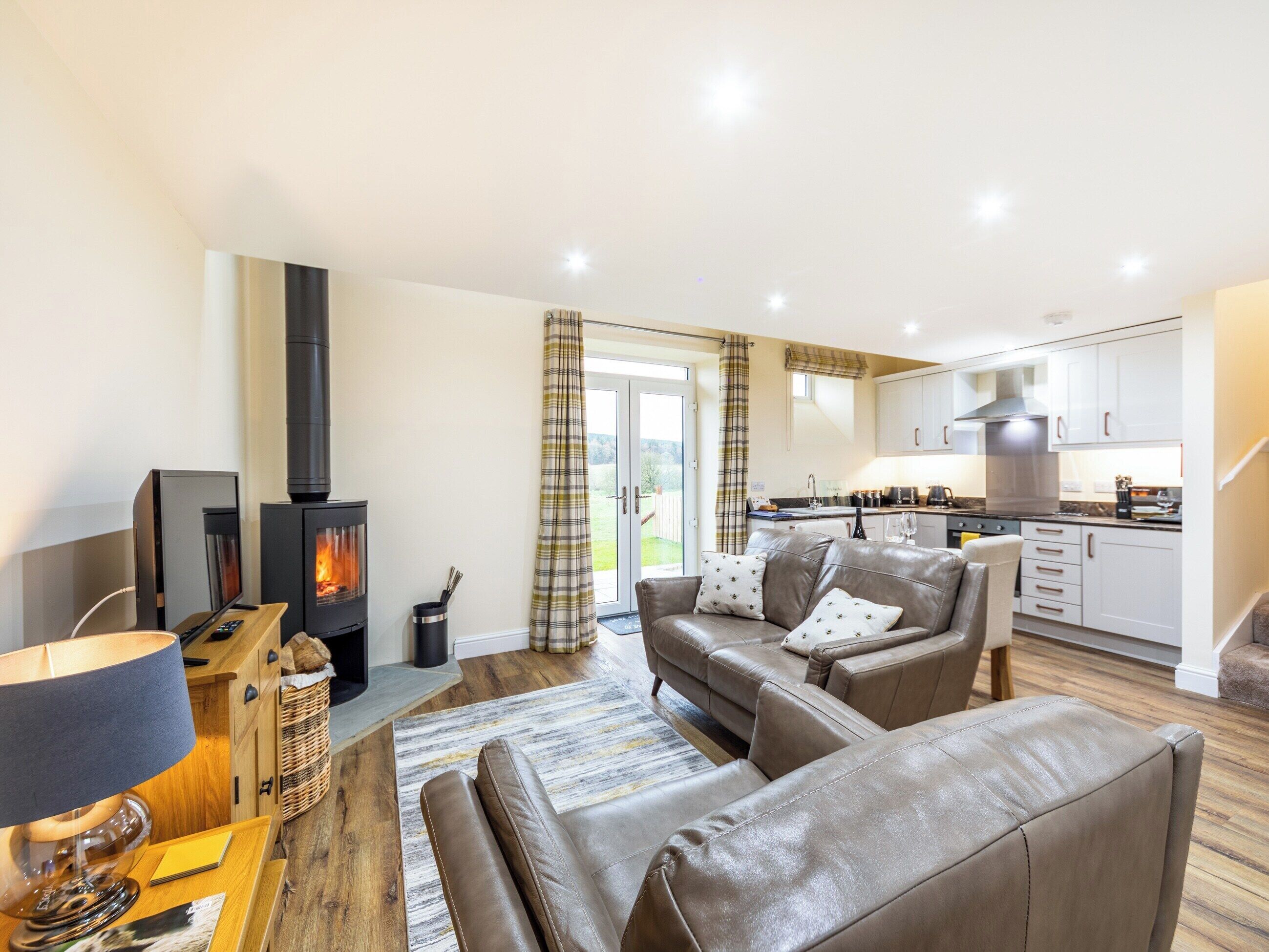 A cozy living room with a fireplace, a sofa, a TV, and a kitchen area.