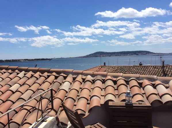 A tiled roof overlooking a body of water with a distant landmass.