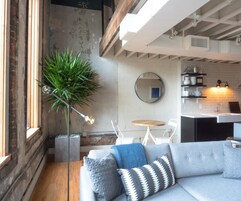 A modern living room with a grey sofa, a round mirror, and a potted plant.
