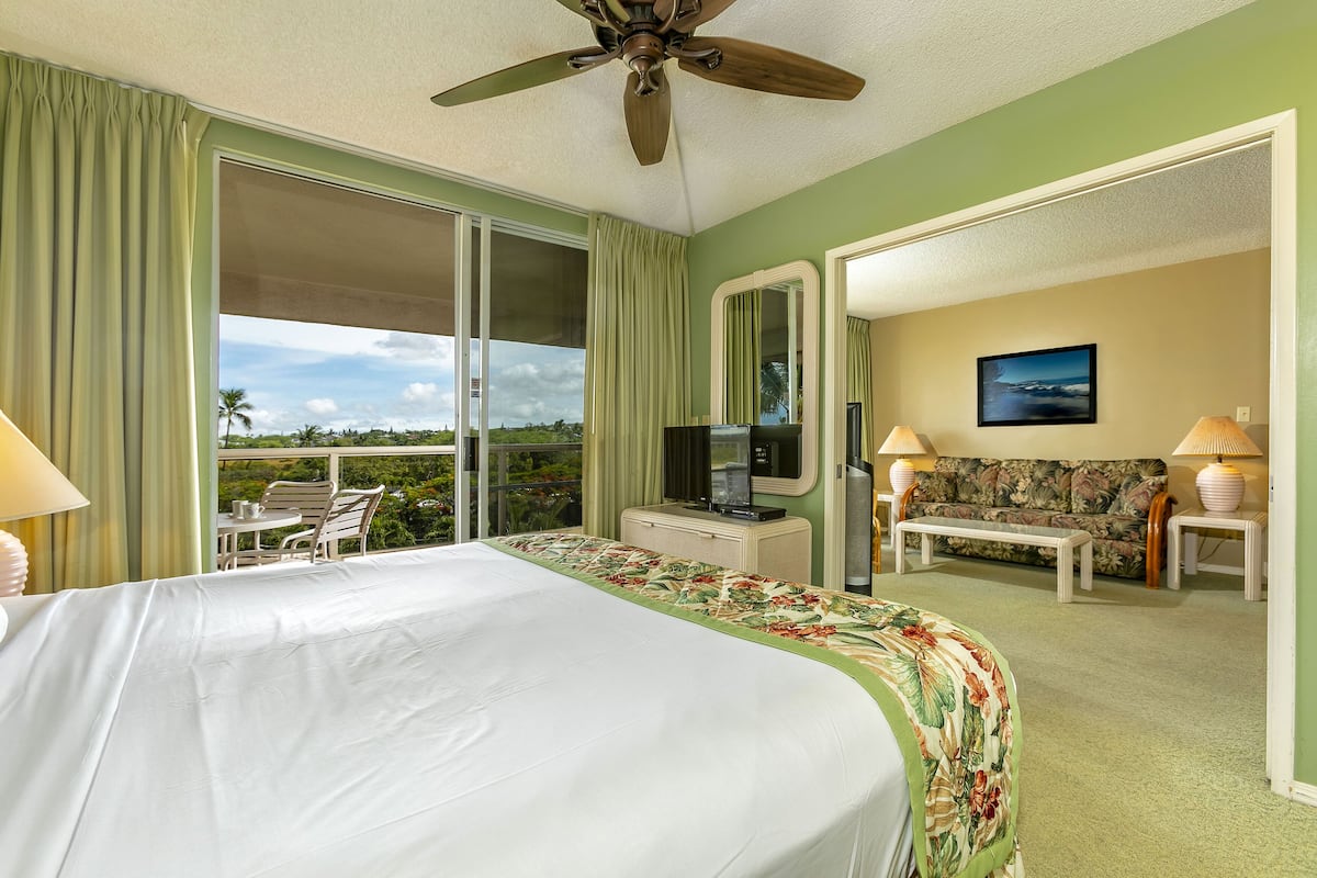 Quarto de hotel com cama, televisão, sofá e varanda com vista.