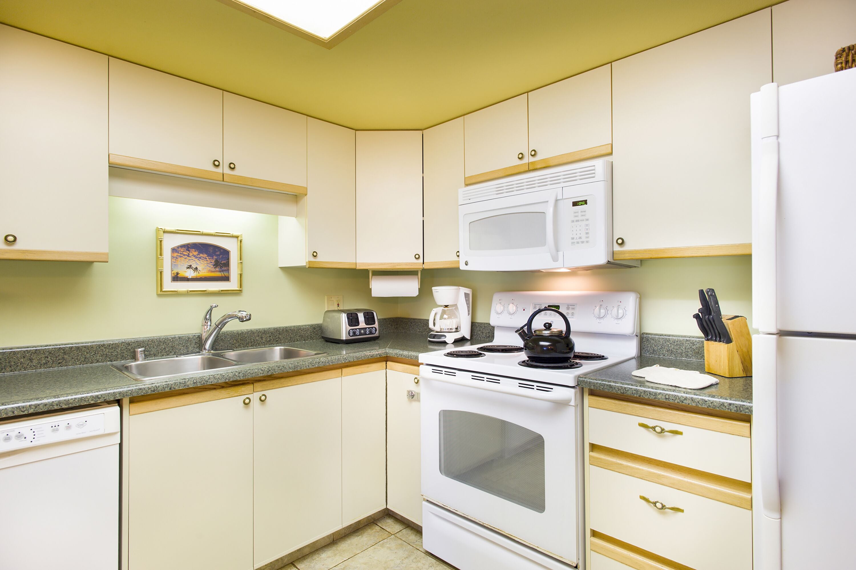 fridge, oven, dishwasher, coffee/tea maker