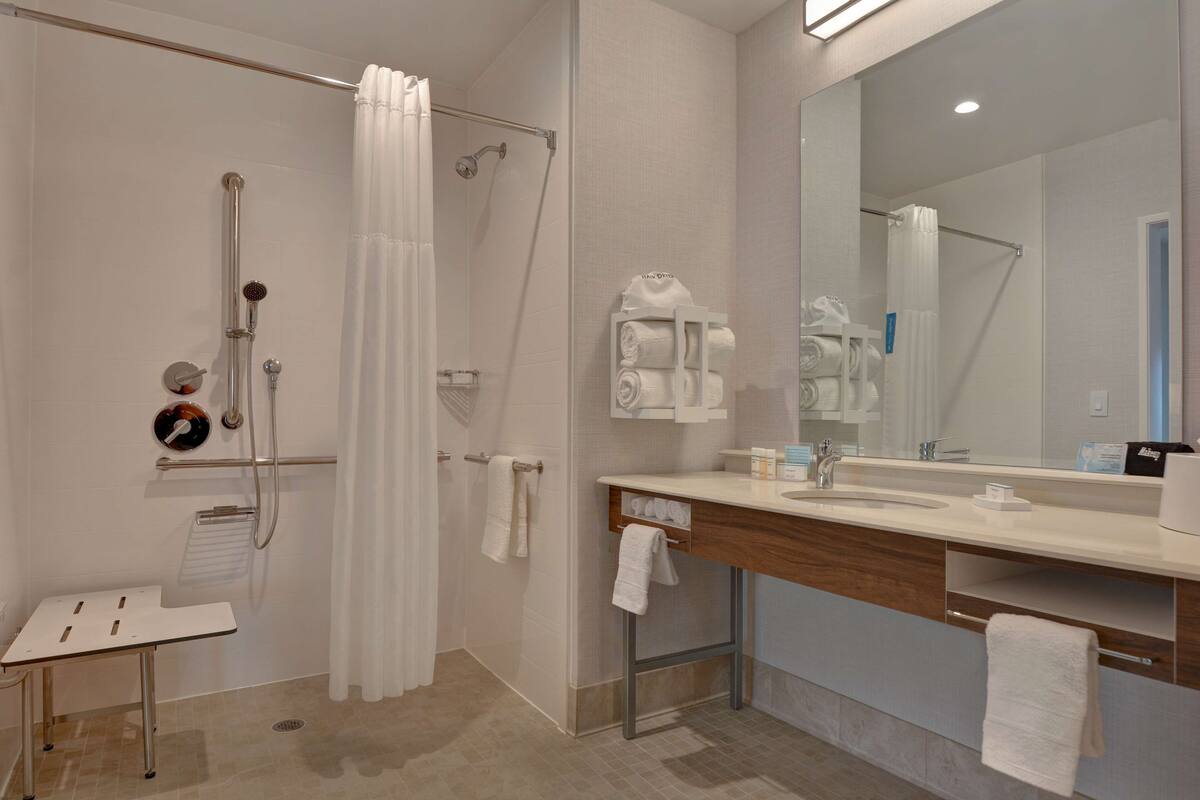 hair dryer, towels, soap, shampoo