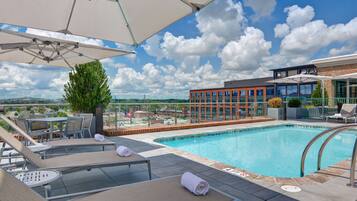 Seasonal outdoor pool, pool umbrellas, pool loungers