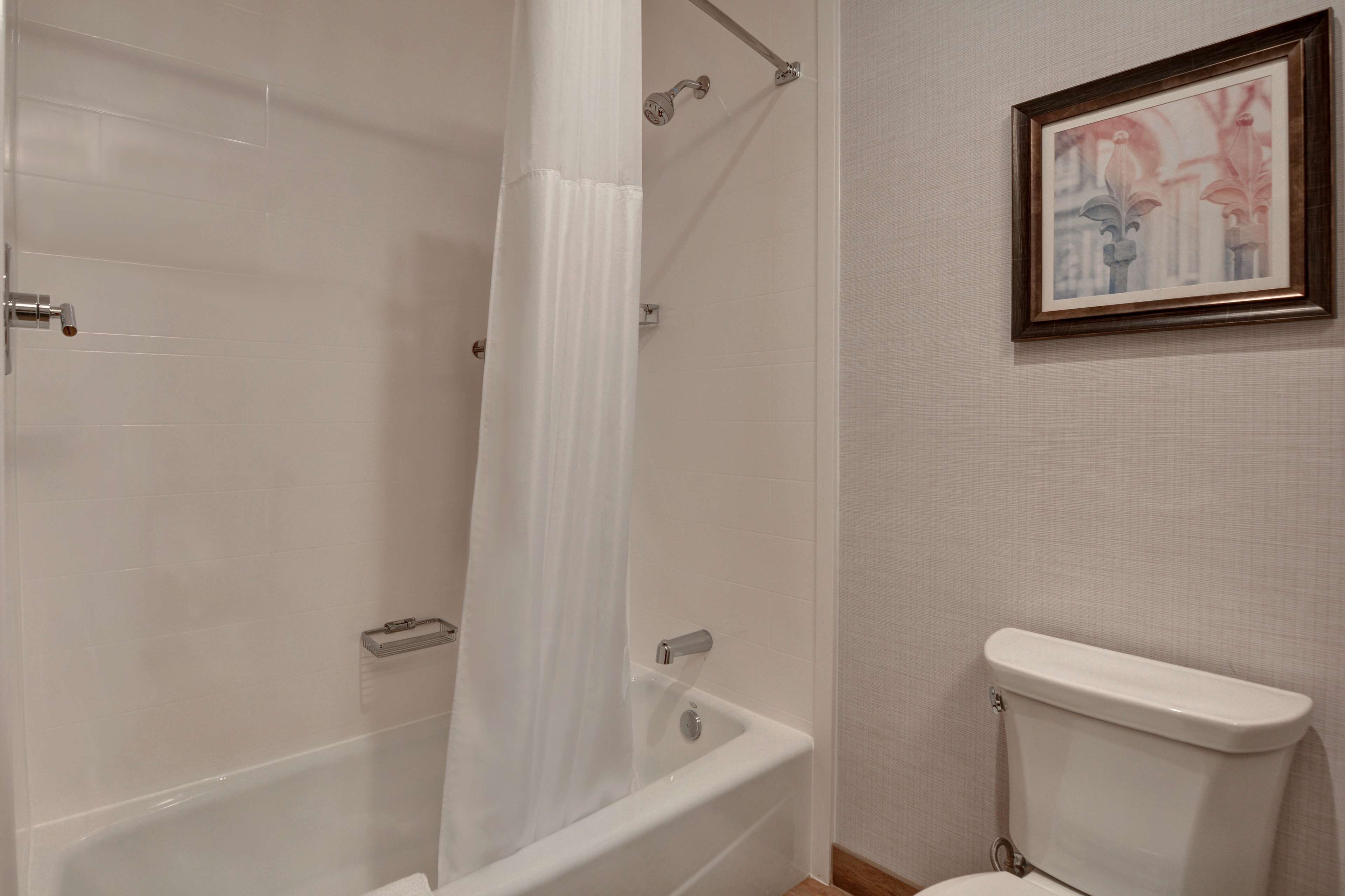 A bathroom with a bathtub, toilet, and a framed picture on the wall.