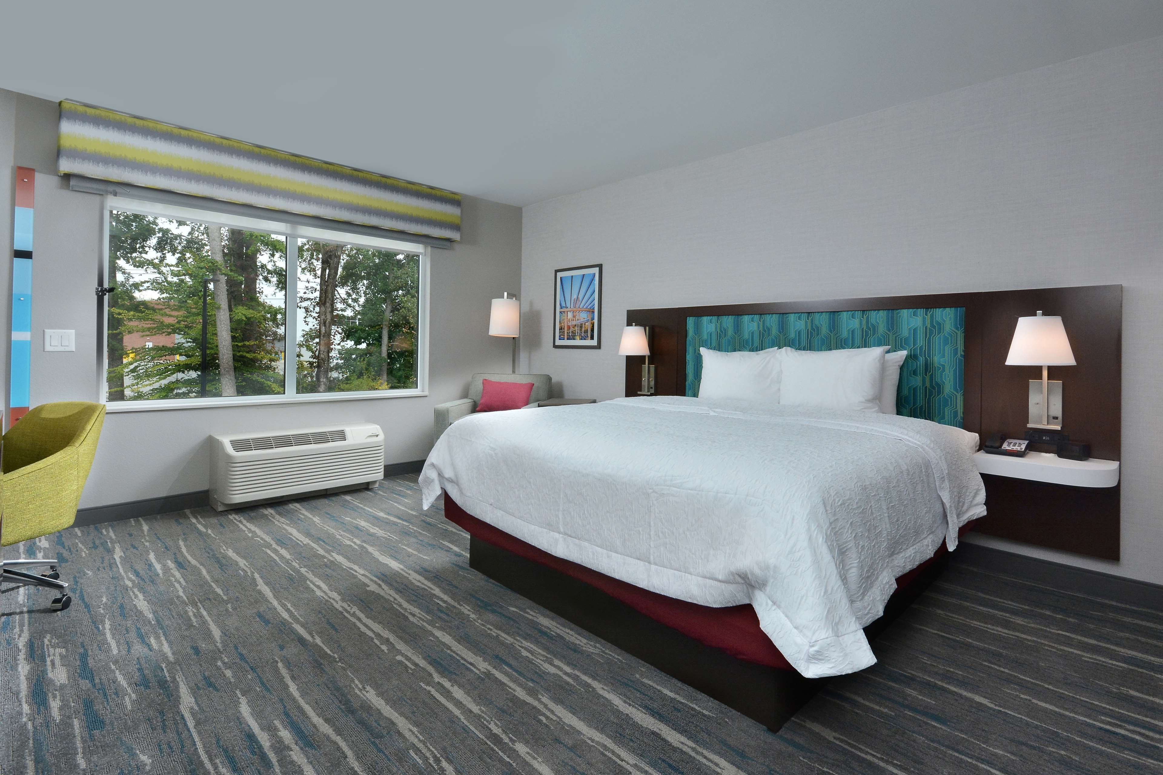 Desk, laptop workspace, blackout curtains, iron/ironing board