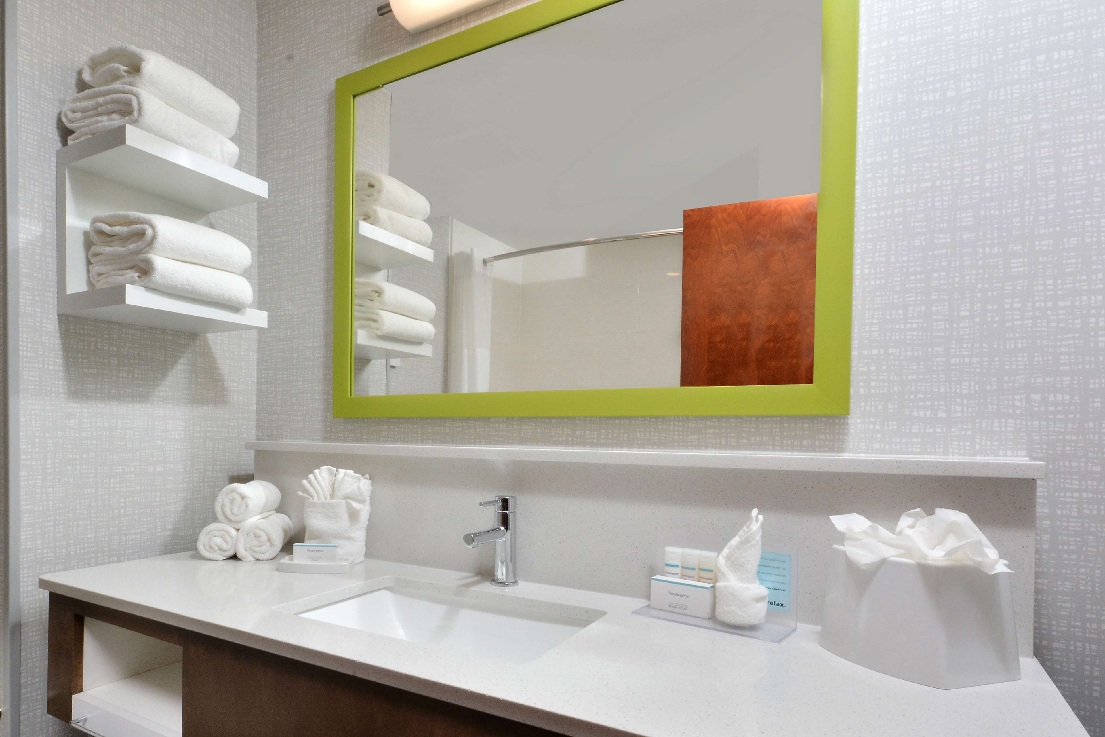 hair dryer, towels, soap, shampoo