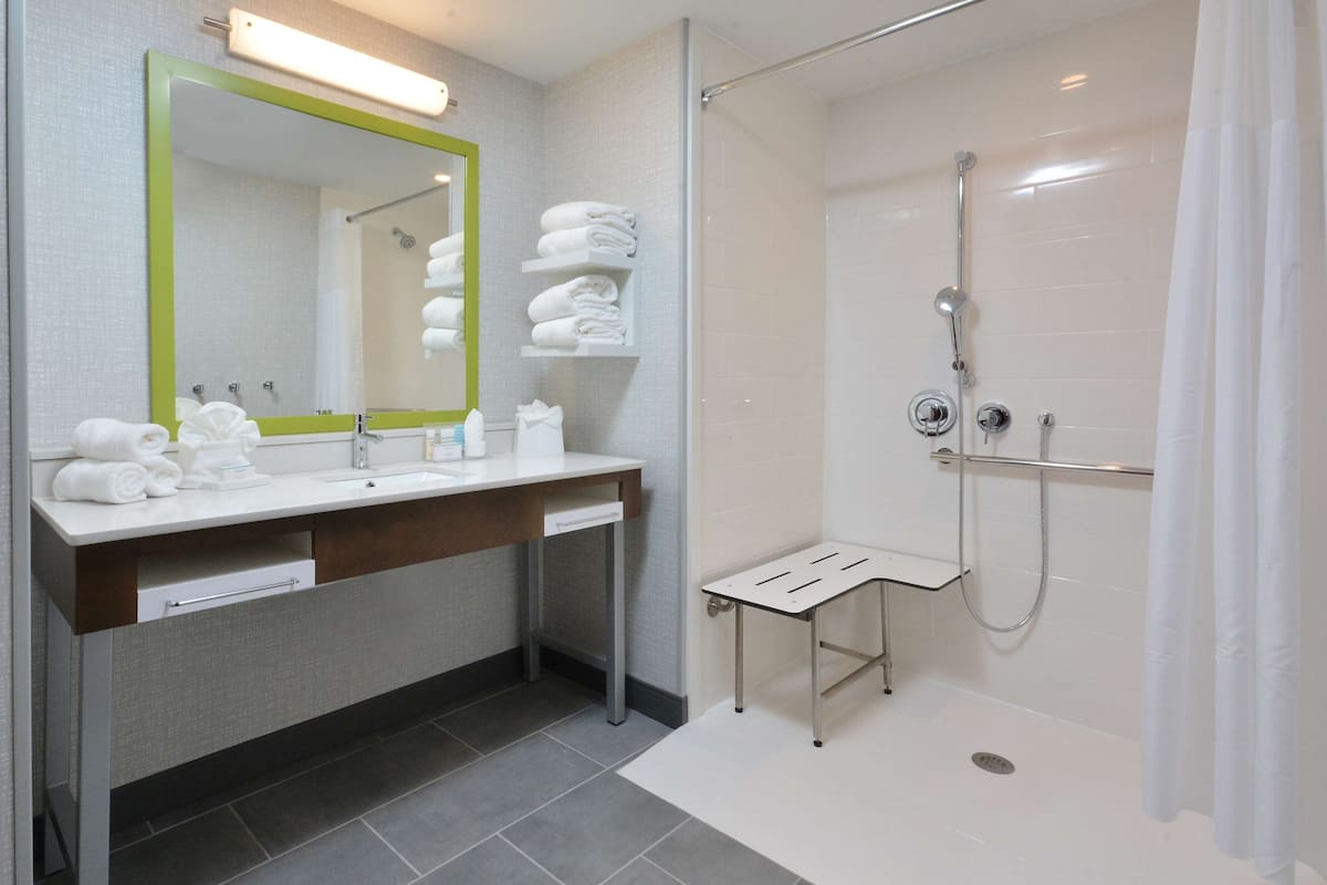 Hair dryer, towels, soap, shampoo