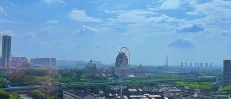 A cityscape with a prominent Ferris wheel, modern buildings, and a mix of greenery.
