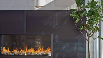 Un interior moderno con chimenea, zona de estar y una planta.