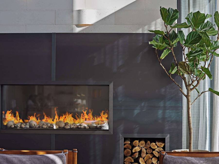 A modern interior with a fireplace, seating area, and a plant.