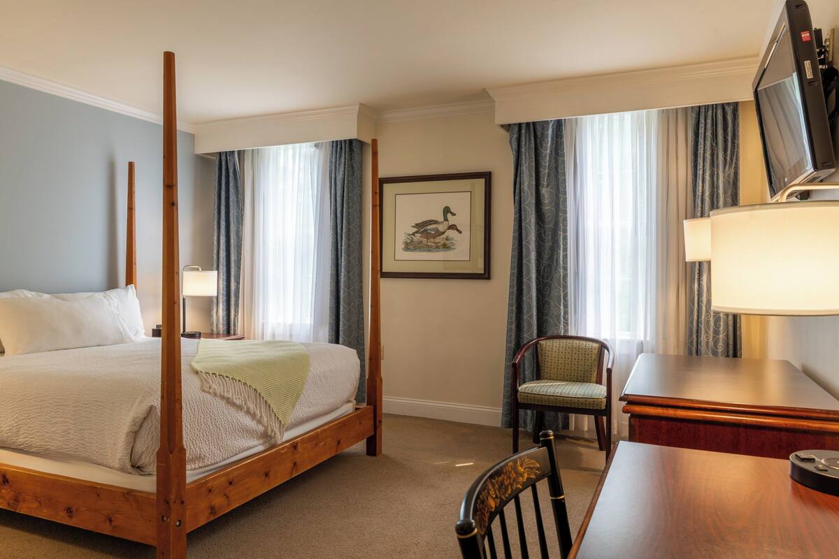 Habitación de hotel con cama con dosel, escritorio con silla, televisor y un cuadro en la pared.