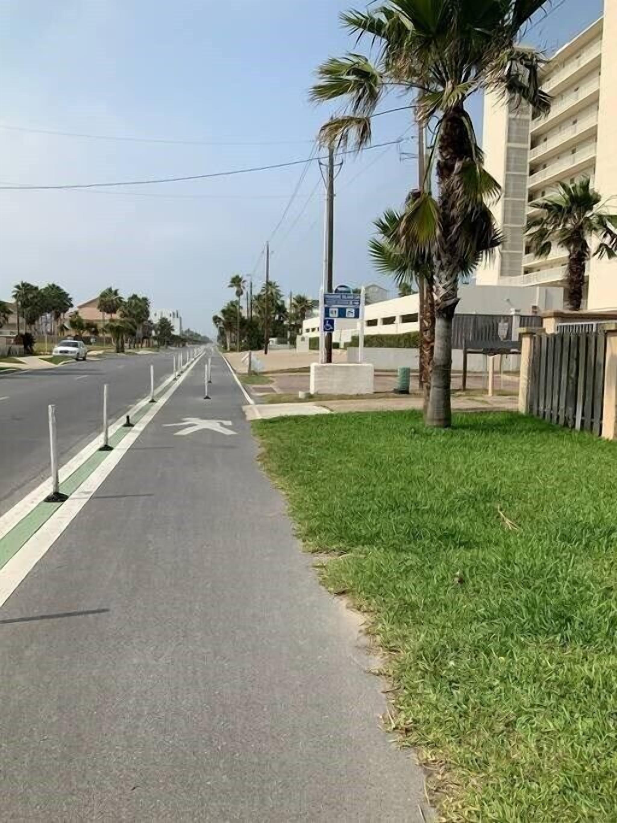 Une rue avec un trottoir, des palmiers et un bâtiment portant une enseigne.
