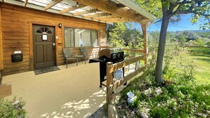 Une cabane en bois dotée d’un patio couvert, d’un barbecue et d’un espace salon.