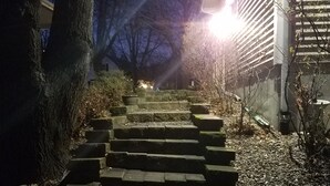 Un escalier en pierre menant à un bâtiment, de nuit.