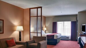 Une chambre d’hôtel comprenant un lit, un canapé, une chaise, un bureau et un téléviseur.