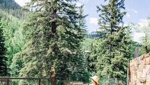 A person in a yellow swimsuit at a pool with a stone wall and trees in the background. - Grand Hyatt Vail Resort and Spa (Vail)