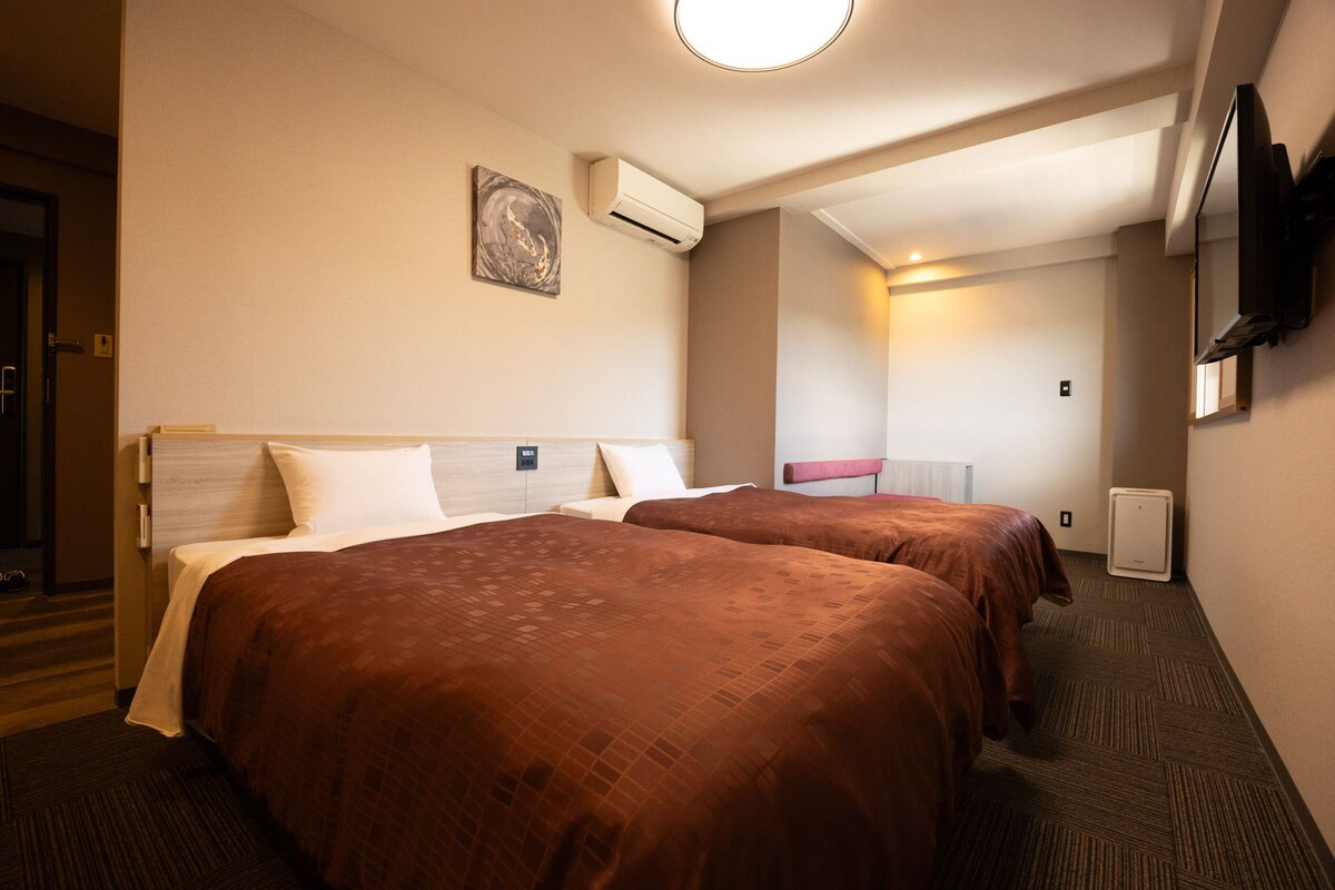 A hotel room with two beds, a painting on the wall, an air conditioning unit, a television, and a door.