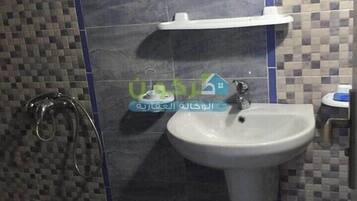 Een badkamer met een witte wastafel, een spiegel erboven en een douche met een douchekop.