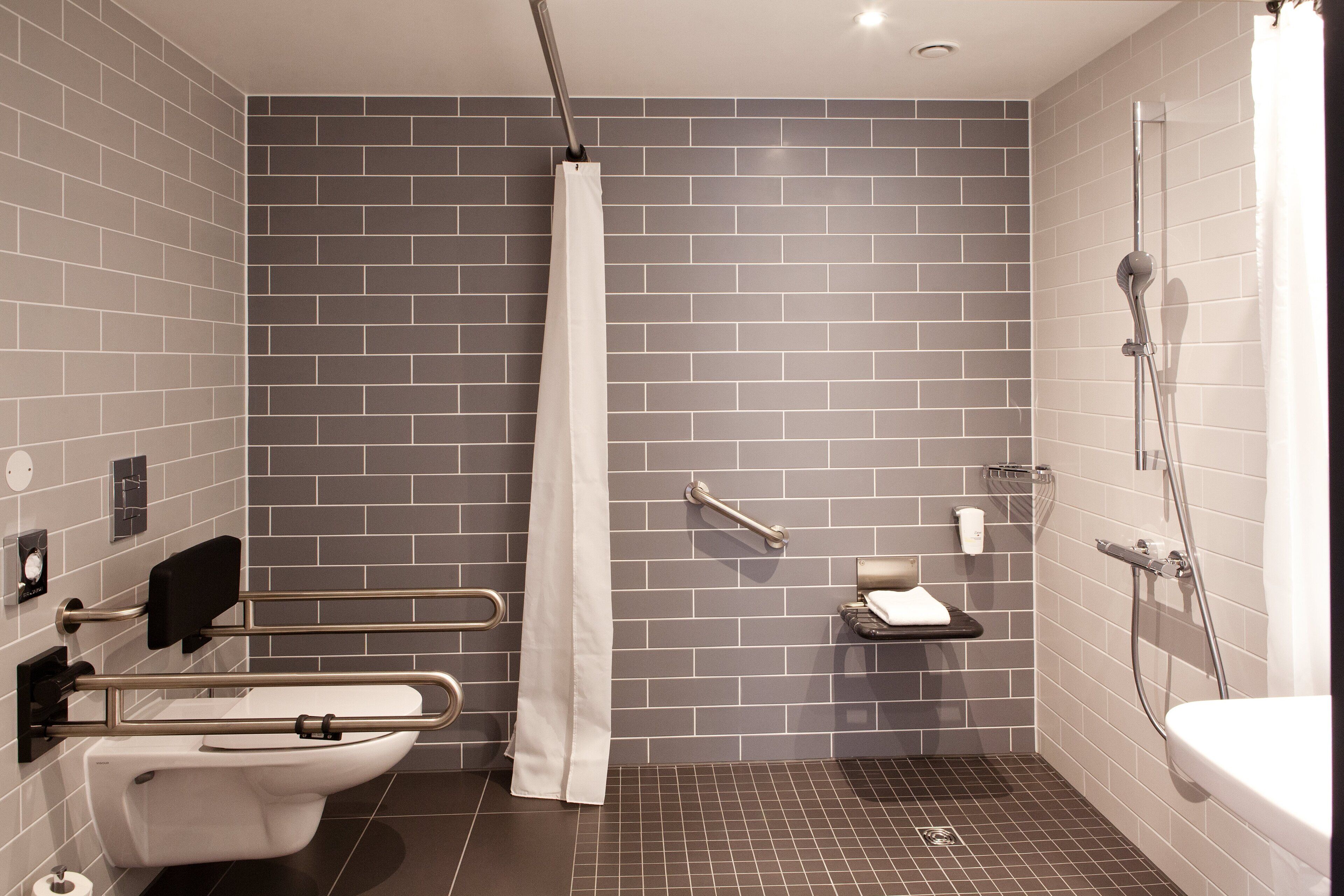 A modern bathroom with a toilet, shower, and grab bars.