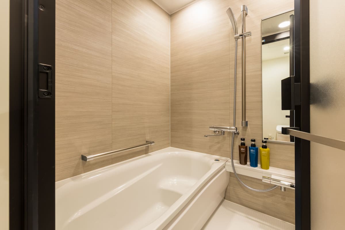 separate bathtub and shower, free toiletries, hair dryer, slippers