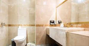 A bathroom with a toilet, a sink, and a mirror.