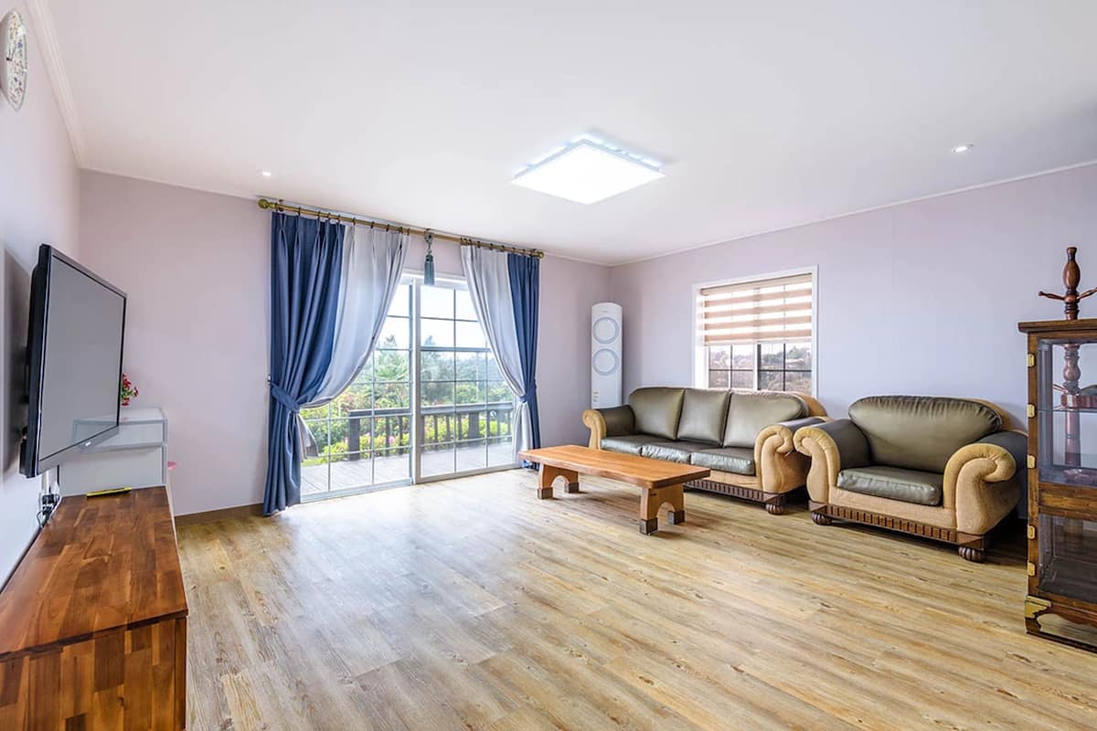 A spacious living room with a wooden floor, a sofa, a coffee table, a TV, and a large window with curtains.