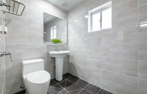 Shower, free toiletries, hair dryer, towels