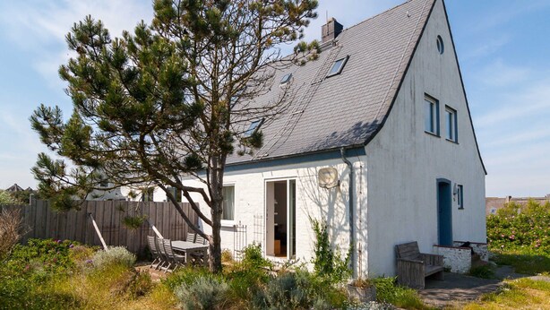 Een wit huis met een schuin dak, een houten terras en een grote boom ervoor.