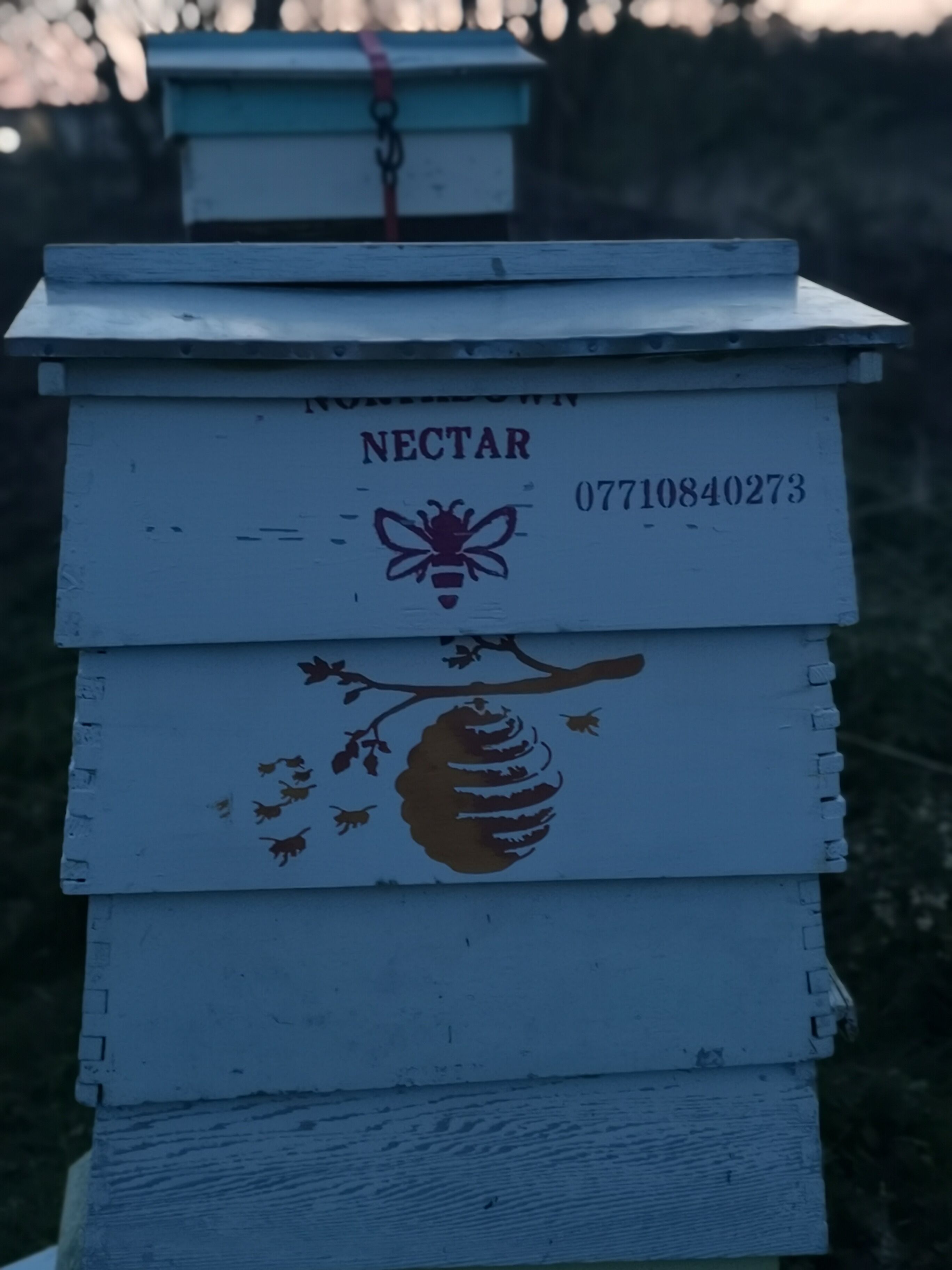 A beehive with a label that reads "NECTAR" and a phone number.