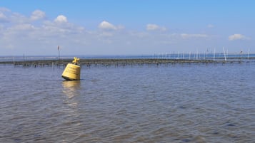 A buoy with text in a body of water, a distant shoreline, and wind turbines.