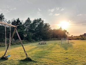 A grassy field with a swing set, picnic table, and soccer goal.