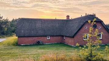 A red brick house with a thatched roof, a chimney, and a small window.
