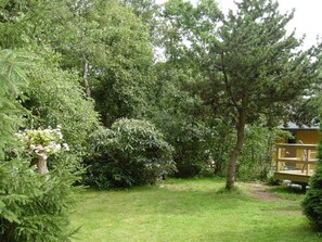 Un jardín con terraza de madera, follaje denso y un sendero despejado.
