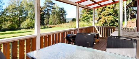 A covered outdoor deck with a table and chairs, a grill, and a view of a grassy area with trees.