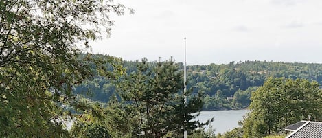Zona residencial con vistas a un lago, rodeada de árboles y colinas.