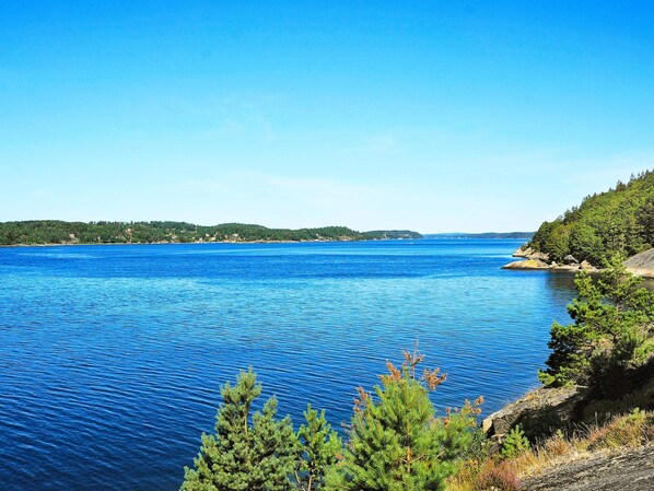 Un paisaje costero con mar azul cristalino, una orilla cubierta de bosque y colinas al fondo.