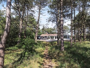 Ein Weg führt zu einem modernen Haus, das von hohen Bäumen umgeben ist.