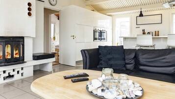 A modern living room with a fireplace, a sofa, a coffee table with remote controls, and a tray of decorative stones.