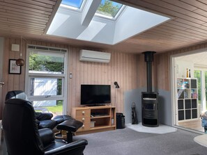 A modern living room with a television, a fireplace, and a skylight. - 4 Star Holiday Home in Tarm (Tarm)