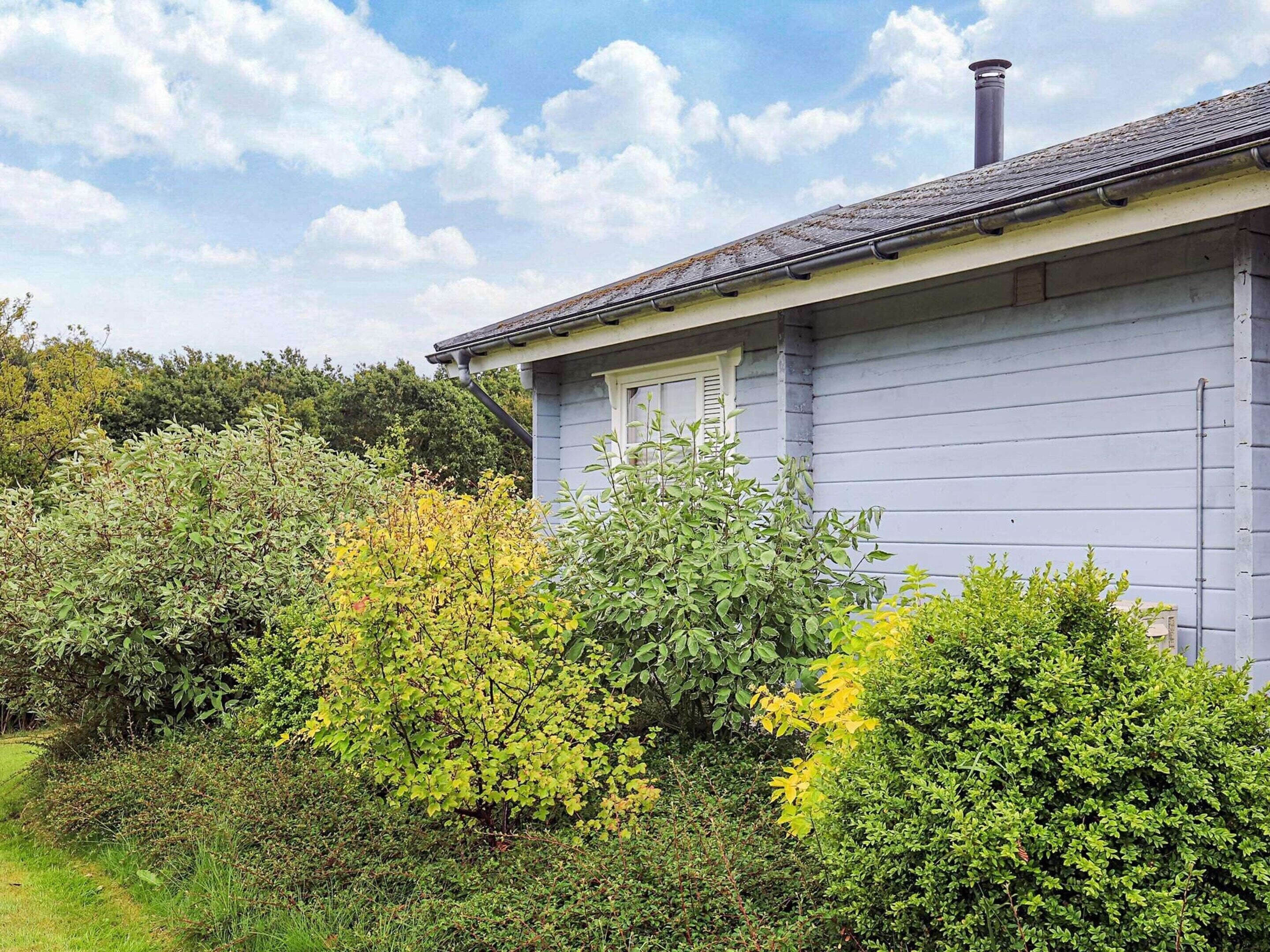 A house with a grey exterior, a chimney, and a garden with various shrubs and trees.
