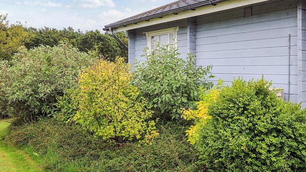 A house with a grey exterior, a chimney, and a garden with various shrubs and trees. - 6 Person Holiday Home in Roslev (Roslev)