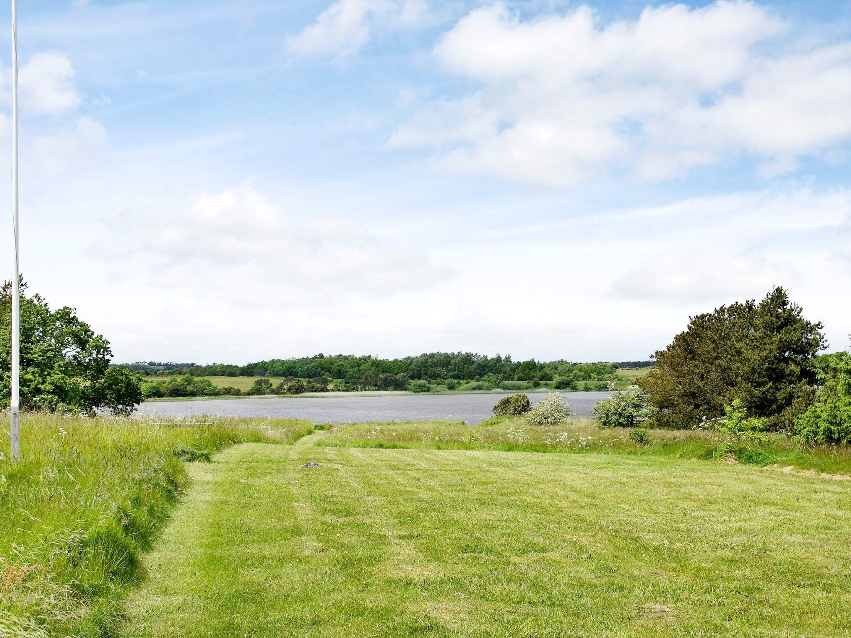 A grassy field with a path leading to a body of water, surrounded by trees and a clear sky.