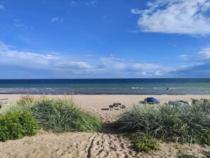 A beach with sand, sea, and sparse vegetation.