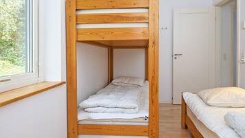 Una cama litera con estructura de madera, una cama individual en la parte inferior y una ventana con vistas a la vegetación.