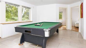 A pool table in a room with white walls and large windows.
