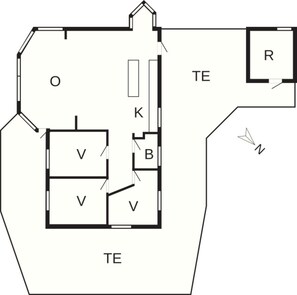 A floor plan with labeled rooms O, K, B, V, and R, connected by corridors marked TE.