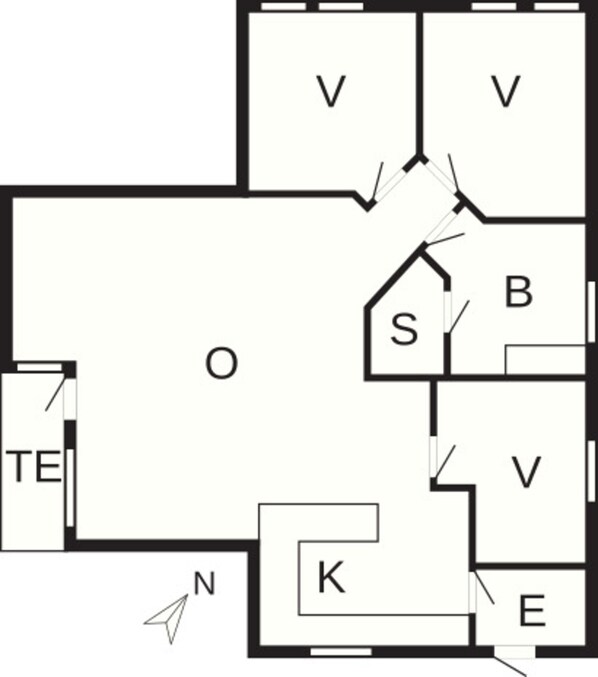 A floor plan with labeled rooms including V, S, B, K, E, and TE.
