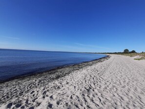 Uma praia arenosa com céu azul límpido.