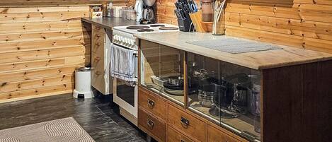 A kitchen with wooden walls, a stove, cabinets, and a sink.